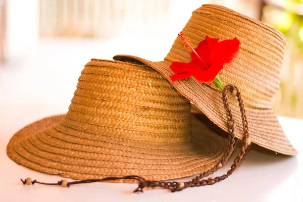 Due cappelli di paglia con un fiore di ibisco Foto Stock