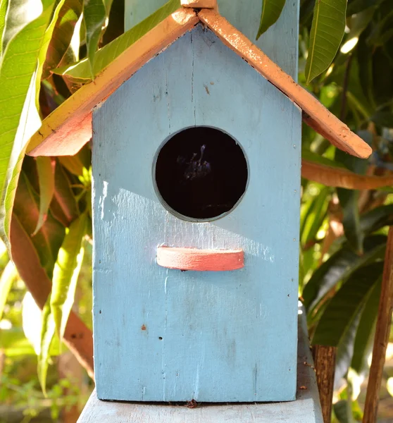 Casa pássaro de madeira azul no jardim — Fotografia de Stock