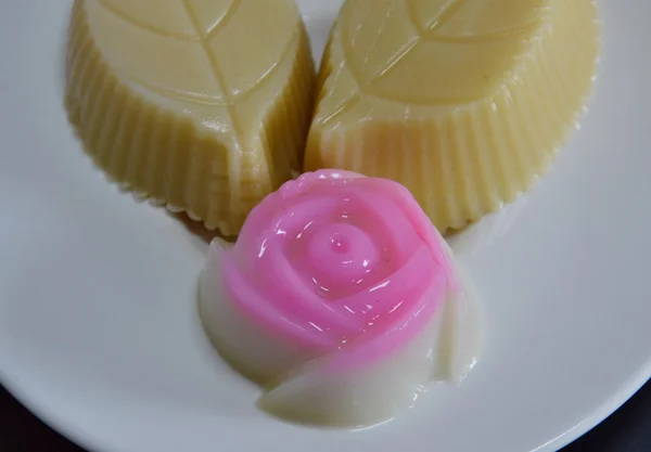 Pink rose coconut jelly on dish — Stock Photo, Image