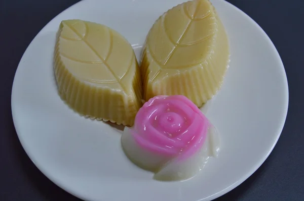 Pink rose coconut jelly on dish — Stock Photo, Image