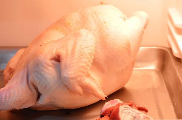 Kurczak na Taca ze stali nierdzewnej w lodówce — Zdjęcie stockowe