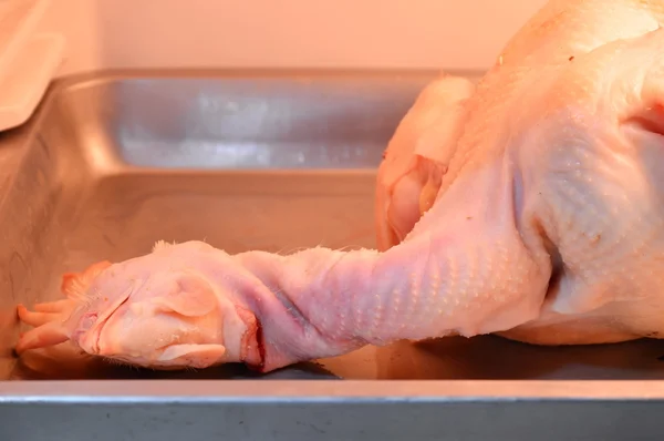 Kurczak na Taca ze stali nierdzewnej w lodówce — Zdjęcie stockowe