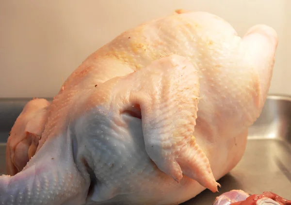 Frango em bandeja inoxidável no refrigerador — Fotografia de Stock