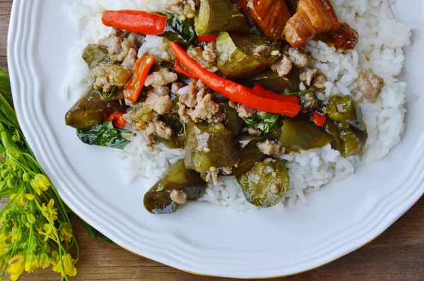 Berenjena picante salteada y cerdo picado sobre arroz — Foto de Stock