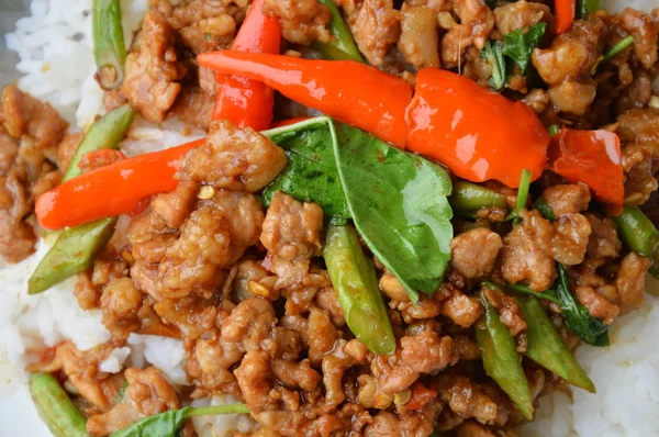 biber ve fesleğen soslu tavada kızartılmış kıyılmış domuz eti pirinç üzerine bırakır