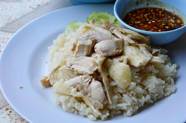 Ayam kukus dan nasi makan dengan saus di piring — Stok Foto