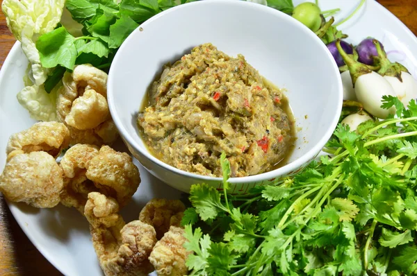 Mackerel shrimp paste sauce eat with fresh vegetable and pork rind — Stock Photo, Image