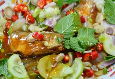 Tay baharatlı yemek salataya Sardalya konserve