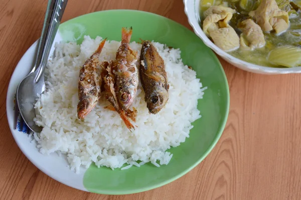 Diepe gebakken vis topping op rijst en gepekelde Chinese kool met varkensvlees ingewanden soep — Stockfoto