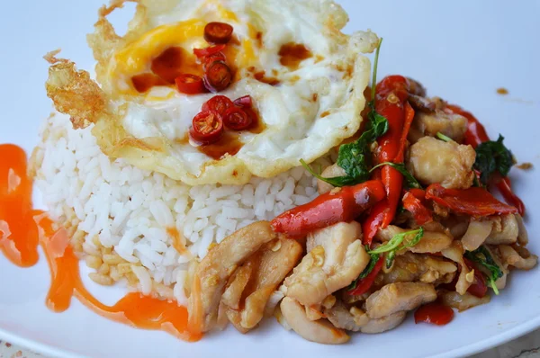 Bumbu ayam goreng dengan daun kemangi dan telur makanan favorit Thailand pada piring — Stok Foto