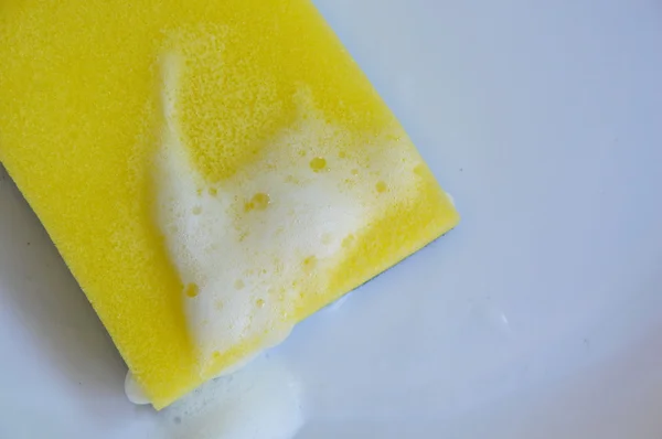 Scrub sponge wash on white dish — Stock Photo, Image
