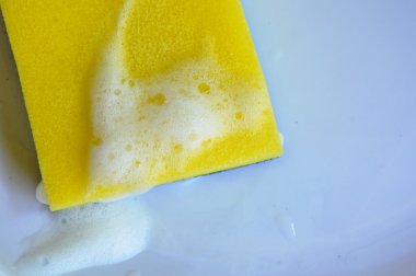 Beyaz çanak üzerinde sarı maki sünger silme