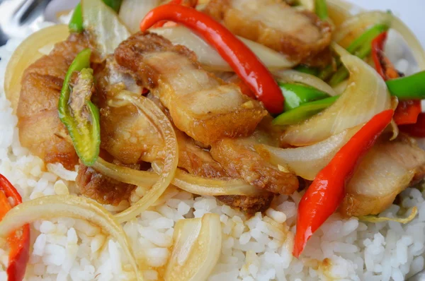 Mescolare la carne di maiale croccante fritta con peperoncino dolce e fetta di cipolla su riso — Foto Stock