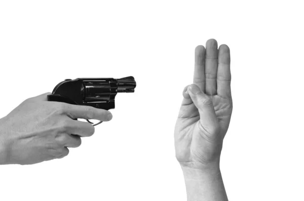 Pistola Apuntando Mano Con Símbolo Saludo Tres Dedos Para Los — Foto de Stock