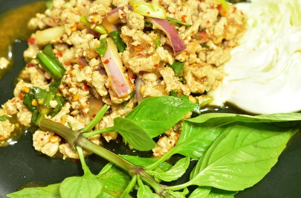 Thai Spicy Chop Pork Salad Fresh Vegetable Plate — Stock Photo, Image