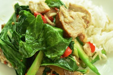  stir fried Chinese kale with slice stew pork leg and chili on plain rice in plate