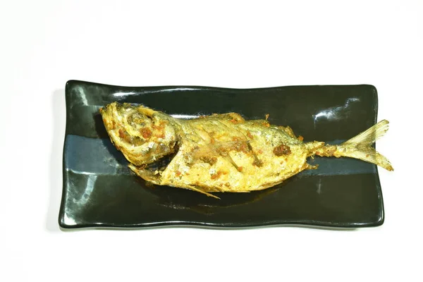 Deep Fried Mackerel Fish Turmeric Plate White Background — 图库照片