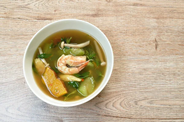 Boiled Mixed Vegetable Topping Shrimp Thai Spicy Soup Bowl — Stock Photo, Image