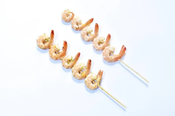 Baked Shrimp Butter Salt Stabbing Wooden Stick White Background — Stock Photo, Image