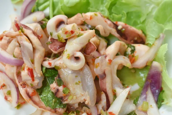 Salad Cumi Cumi Pedas Thailand Dan Sayuran Segar Piring — Stok Foto