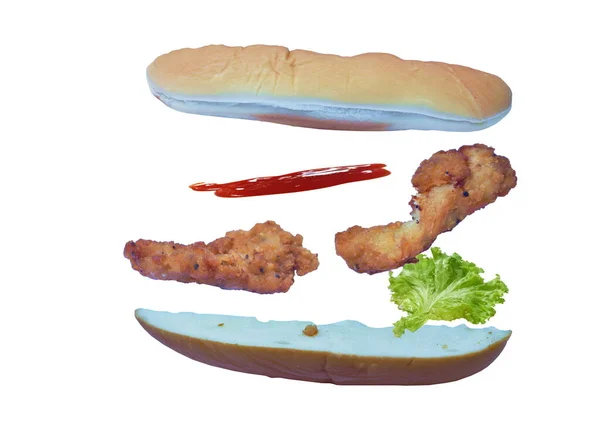 Hot Dog Plněné Smažené Kuře Hlávkovým Salátem Dresinkem Kečup Plovoucí — Stock fotografie