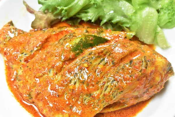 Steamed Mango Fish Dressing Spicy Coconut Milk Curry Sauce Plate — Fotografia de Stock