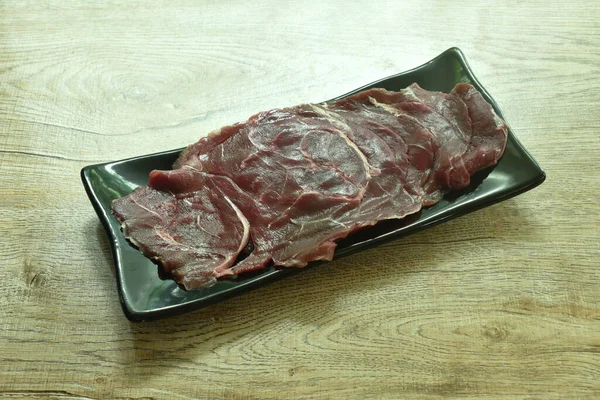 Rundvlees Snijd Voor Koken Sukiyaki Shabu Japans Eten Bord — Stockfoto