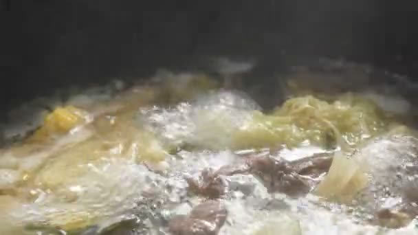 Gekookt Stuk Rundvlees Shabu Shabu Sukiyaki Twith Groentesoep Elektrische Kookpot — Stockvideo