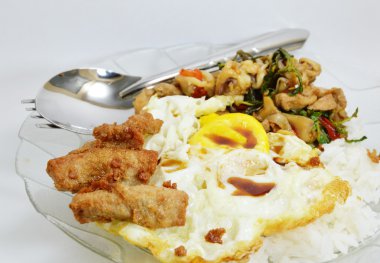 baharatlı kızarmış tavuk ve fesleğen ile kalamar bırakır pirinç kızarmış yumurta Tepesi