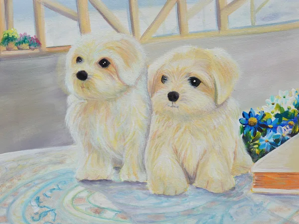 beyaz köpek yavrusu tuval üzerine yağlıboya
