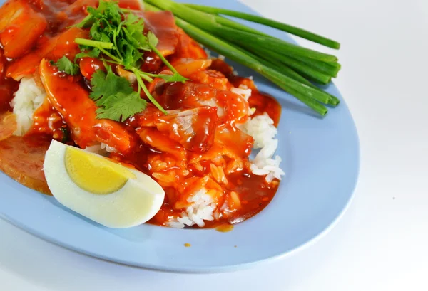 Carne de cerdo barbacoa sobre arroz y aderezo con salsa roja dulce — Foto de Stock