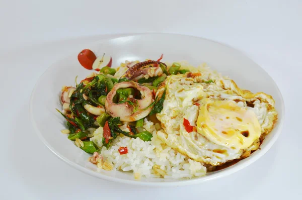 Spicy fried squid with basil leaves topping fried egg — Stock Photo, Image