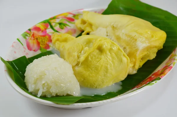 Durian i lepki ryż opatrunku mleko kokosowe — Zdjęcie stockowe