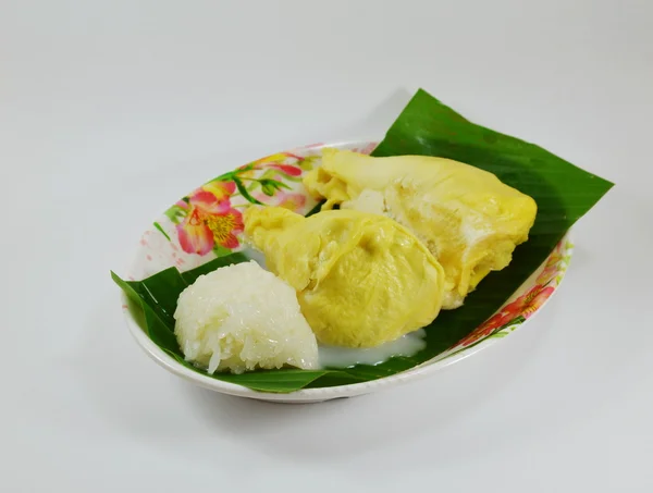 Durian und klebriger Reis mit Kokosmilch — Stockfoto