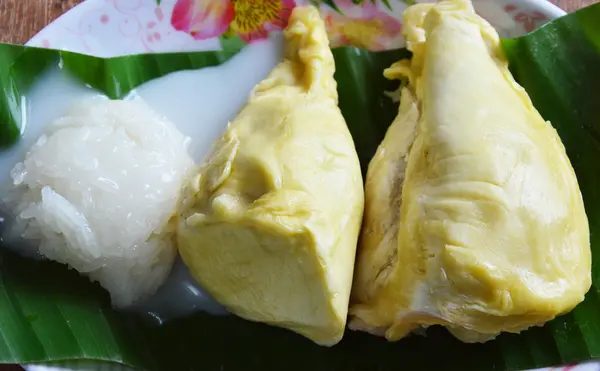 Durian and sticky rice dressing with coconut milk — Stock Photo, Image