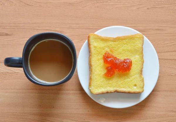 Coffee and slice bread topping jam — Stock Photo, Image