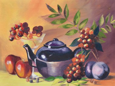 Tuval üzerine yağlıboya resim pot ve meyve