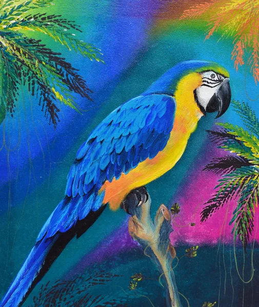 Papoušek na dřevěný olejomalba na plátně — Stock fotografie