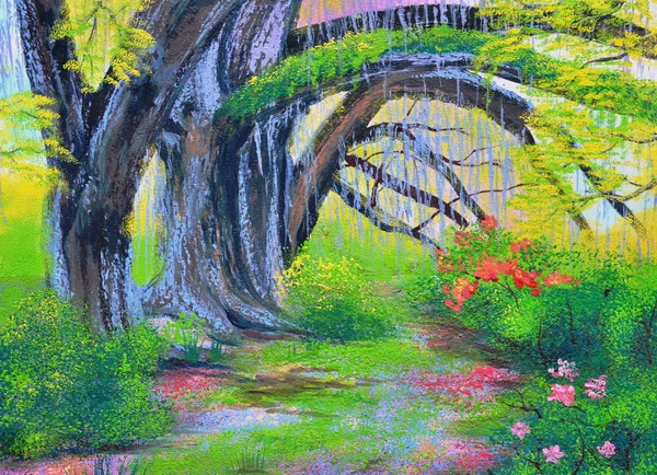 Grande árvore banyan no jardim pintura a óleo sobre tela — Fotografia de Stock