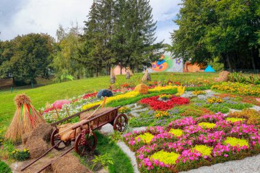 Colourful Flowerbeds and a wheelbarrow off to the side in an Attractive Ukrainian Formal Garden. Landscape design. Selective focus.  A bright sunny day.