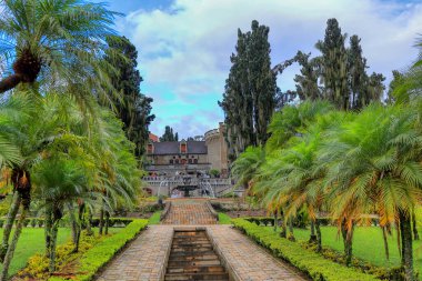 Medellin, Antioquia, Colombia: Beautiful outdoor view of the Park and Garden of gothic Museo El Castillo. Contemporary Parks and Gardens of Latin America with floral ornamentation. Desktop wallpaper