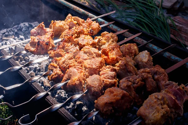 Pork kebabs grilling outside — Stock Photo, Image