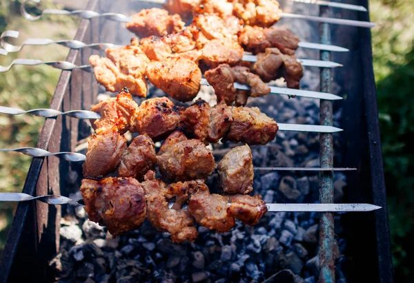 Pork kebabs grilling — Stock Photo, Image