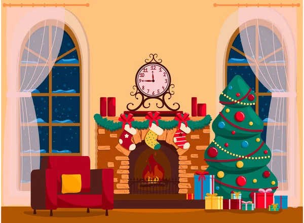 Noel için dekore edilmiş bir oda. Mumları ve saati olan bir şömine ve hediyeli zarif bir Noel ağacı.