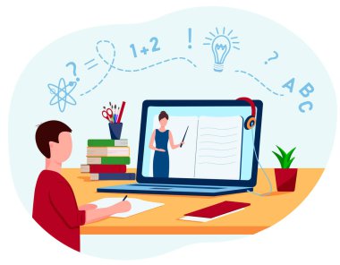  Bir çocuk, bir öğrenci internetten öğrenim görüyor. Öğretmen İnternet 'te Ders Veriyor