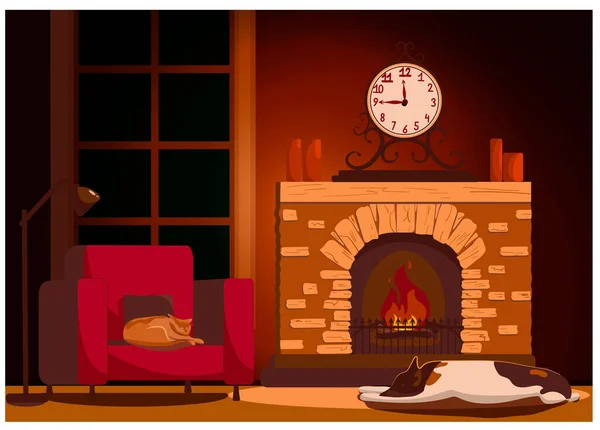 Şöminesi ve koltuğu olan bir ev. Bir köpek şöminenin yanında uyur. Kedi sandalyede uyuyor.