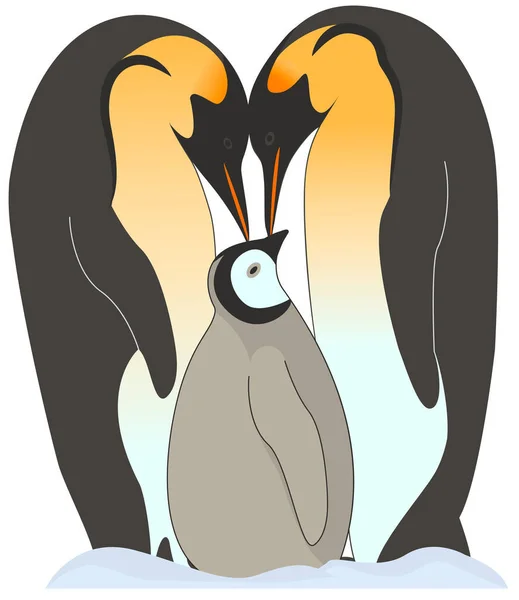 La famiglia dei pinguini imperatore si prende cura della loro prole con tenerezza e amore.. — Vettoriale Stock