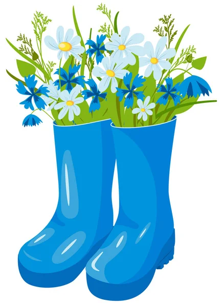 Un bouquet de fleurs en bottes en caoutchouc bleu. — Image vectorielle