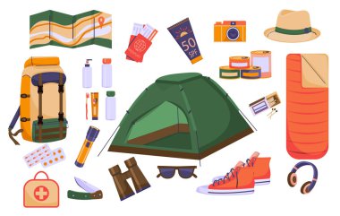 Çizgi film tarzında renkli resimlerin seyahat kümesi.
