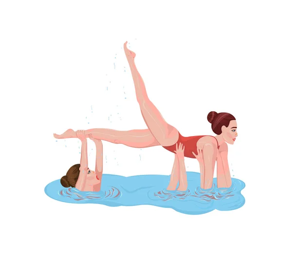 Atletas de natação sincronizados em fatos de banho vermelhos. — Vetor de Stock